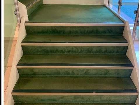 Before: green carpeted stairs with metal nosing ready for cleaning