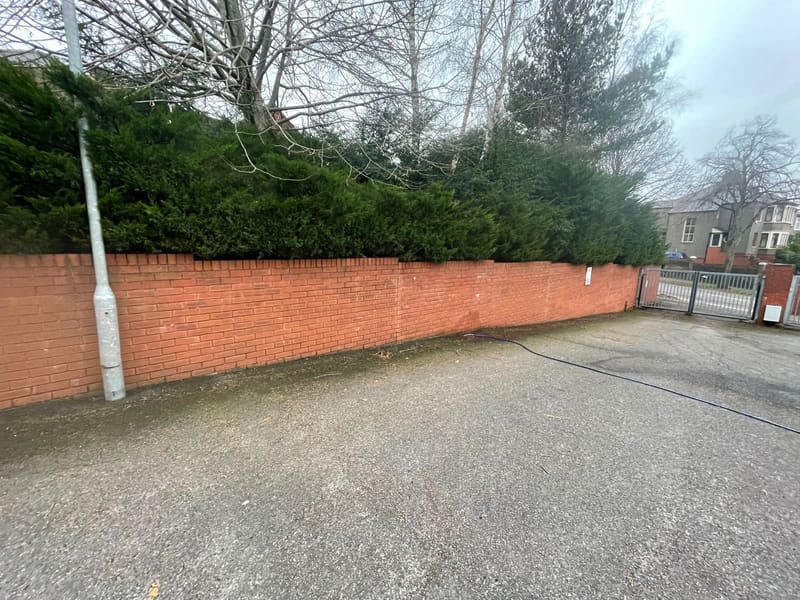Red brick wall with evergreen hedge and driveway