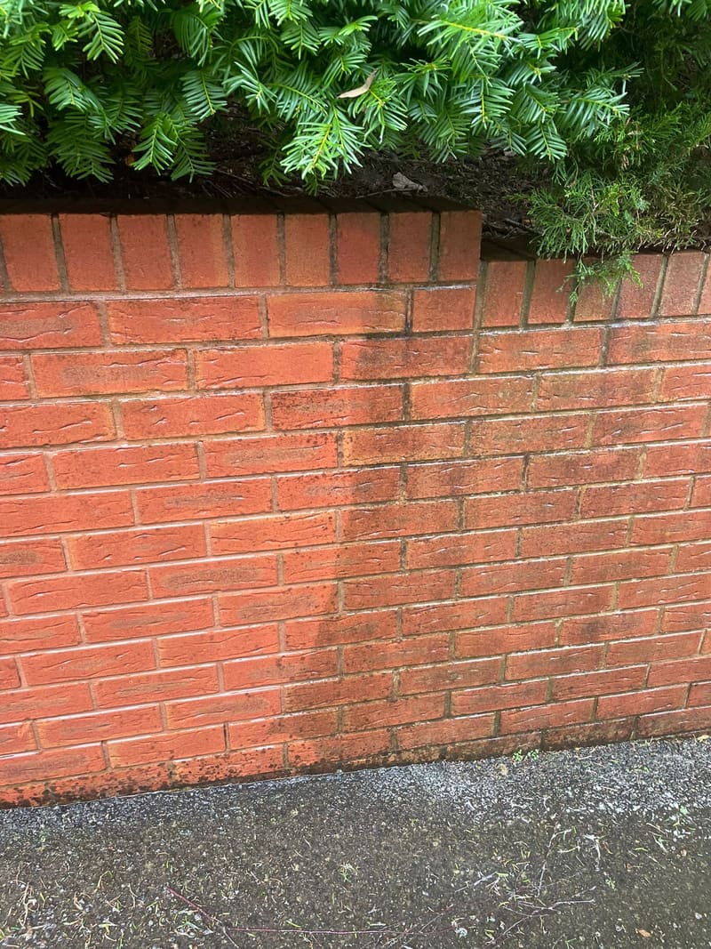 Red brick wall partially cleaned, showing before and after results