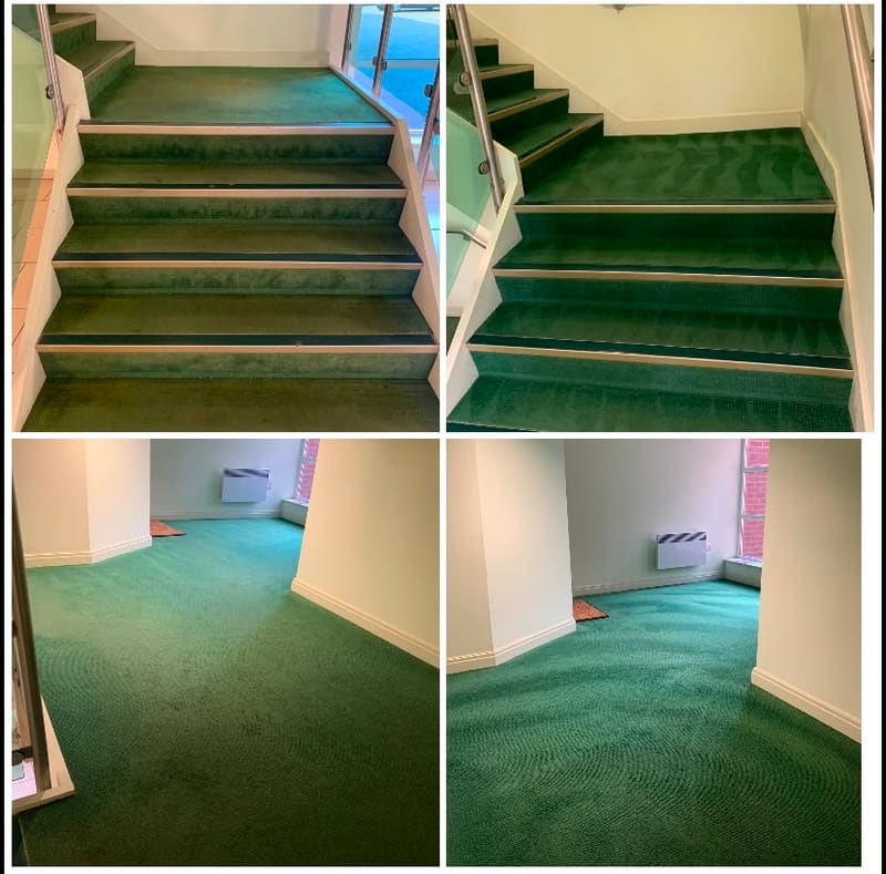 Before and after deep cleaning of green carpeted stairs and hallway