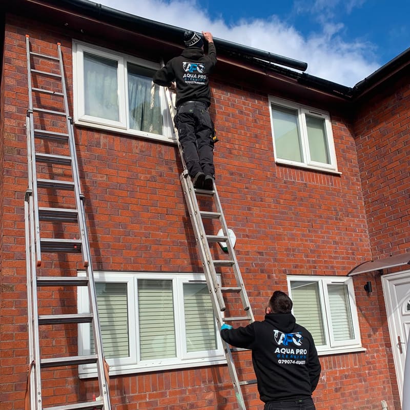 Aqua Pro Cleaning technicians cleaning gutters on a brick home