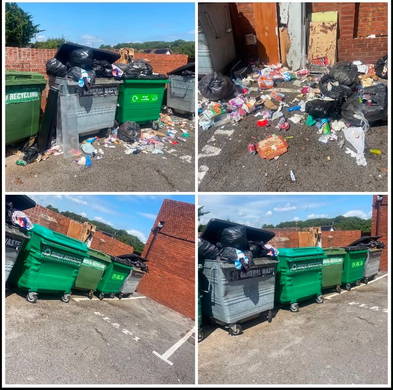 Overflowing waste bins and loose rubbish in a car park