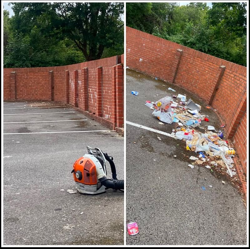 Before and after clearing a littered car park corner