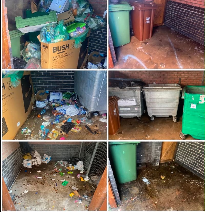 Before and after clearing a cluttered bin store